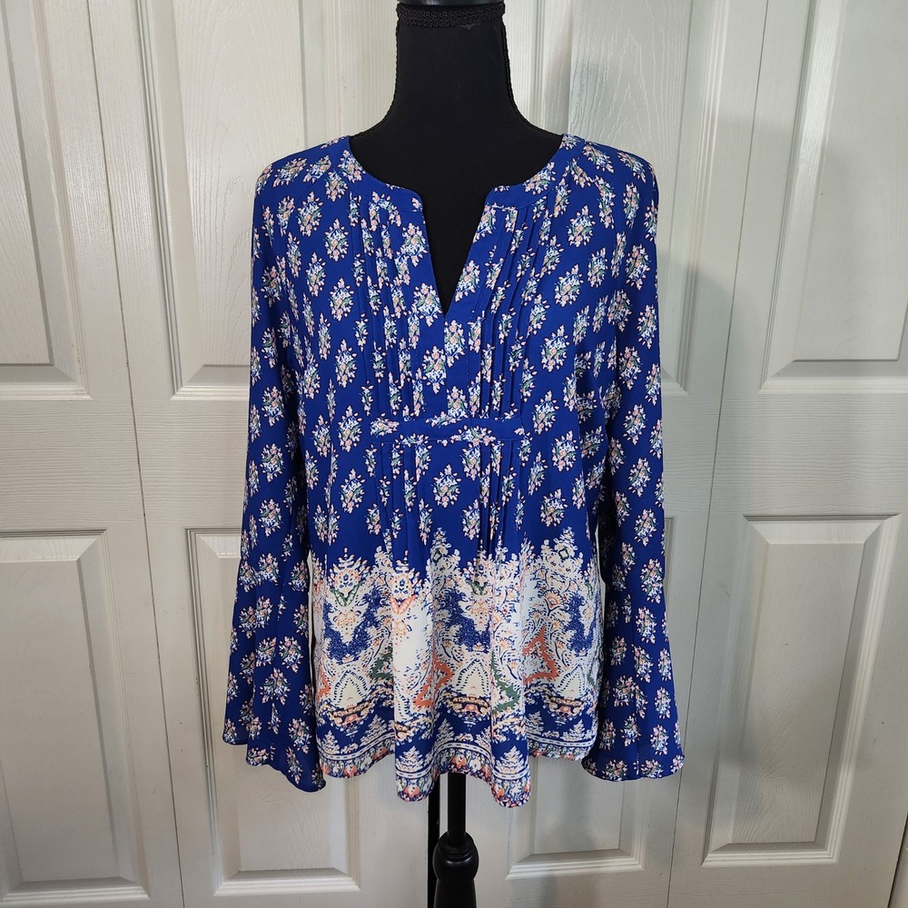 DR2 by Daniel Rainn Blue Floral Pintuck Bell Sleeve Blouse Top Small‎ Boho Flowy